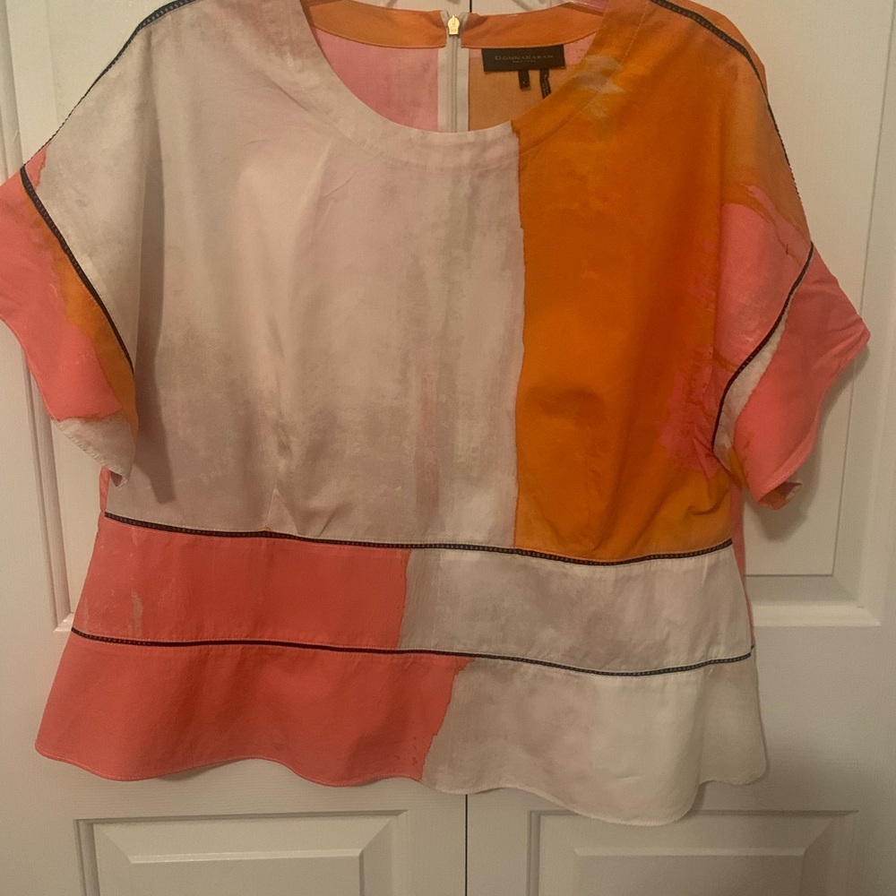 DonnaKaran top multicolor orange,pink, beige, black insert. Size L